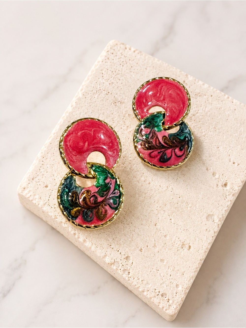Enamel Dangle Earrings Pink Green Gold Tone Abstract Swirl Statement Earrings